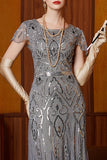 Vestido gris de cuello redondo con lentejuelas funda de manga larga de gorra de los años 20 con accesorios