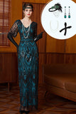 Vestido largo de lentejuelas de los años 20, conjunto de accesorios de 4 piezas, negro azul y brillante, funda azul.
