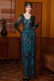 Vestido largo de lentejuelas de los años 20, conjunto de accesorios de 4 piezas, negro azul y brillante, funda azul.