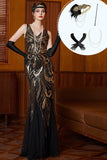 Vestido largo de los años 20 con set de accesorios de 4 piezas con lentejuelas doradas negras, de tul sirena