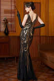 Vestido largo de los años 20 con set de accesorios de 4 piezas con lentejuelas doradas negras, de tul sirena