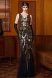 Vestido largo de los años 20 con set de accesorios de 4 piezas con lentejuelas doradas negras, de tul sirena