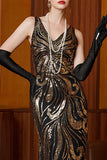 Vestido largo de los años 20 con set de accesorios de 4 piezas con lentejuelas doradas negras, de tul sirena