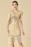 Vestido midi de los años 20 con vaina de albaricoque y escote en V con flecos y conjunto de accesorios de 5 piezas