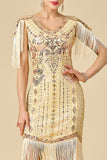 Vestido midi de los años 20 con vaina de albaricoque y escote en V con flecos y conjunto de accesorios de 5 piezas
