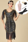 Vestido bodycon flechas de los años 20 con escote en V y lentejuelas doradas negras con 5 piezas y accesorios