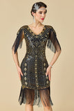 Vestido bodycon flechas de los años 20 con escote en V y lentejuelas doradas negras con 5 piezas y accesorios