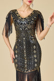 Vestido bodycon flechas de los años 20 con escote en V y lentejuelas doradas negras con 5 piezas y accesorios