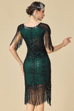 Vestido midi de los años 20 con escote en V negro verde y lentejuelas con flecos y fleco y conjunto de accesorios de 4 piezas