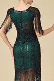 Vestido midi de los años 20 con escote en V negro verde y lentejuelas con flecos y fleco y conjunto de accesorios de 4 piezas