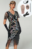 Vestido bodycon midi de los años 20 con escote en V negro con cuello en V con cuentas y flecos y conjunto de accesorios de 5 piezas