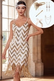 Vestido bodycon de los años 20 con tirantes finos dorados blancos y lentejuelas, con flecos y 5 piezas