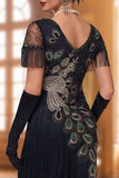 Vestido negro de lentejuelas en V Bodycon Midi de los años 20 con conjunto de accesorios de 5 piezas
