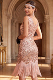 Vestido bodycon de los años 20 con flecos y flecos color rosa rosa y accesorios de 5 piezas