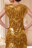 Vestido dorado brillante de cuello redondo con lentejuelas de los años 20 con conjunto de accesorios de 4 piezas