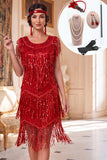 Conjunto de accesorios de los años 20 con cuello redondo rojo de flecos y escaleras
