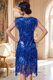 Vestido midi de los años 20 azul real con escote redondo, volantes, con conjunto de accesorios de 5 piezas