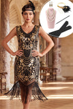 Vestido Bodycon de los años 20 con cuello en V y lentejuelas doradas negras con flecos y conjunto de accesorios de 5 piezas