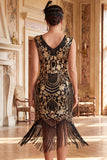 Vestido Bodycon de los años 20 con cuello en V y lentejuelas doradas negras con flecos y conjunto de accesorios de 5 piezas