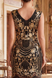 Vestido Bodycon de los años 20 con cuello en V y lentejuelas doradas negras con flecos y conjunto de accesorios de 5 piezas