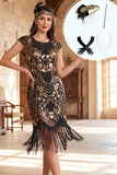 Vestido bodycon midi de los años 20 con un cuello redondo dorado y lentejuelas con flecos y conjunto de accesorios de 4 piezas