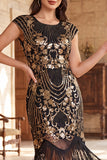 Vestido bodycon midi de los años 20 con un cuello redondo dorado y lentejuelas con flecos y conjunto de accesorios de 4 piezas