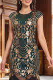 Vestido midi de los años 20 con cuello redondo verde dorado y flecos con lentejuelas, con conjunto de accesorios de 4 piezas