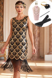 Vestido negro dorado de cuello redondo con lentejuelas con flecos y conjunto de accesorios de 5 piezas
