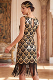 Vestido negro dorado de cuello redondo con lentejuelas con flecos y conjunto de accesorios de 5 piezas