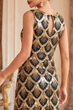 Vestido negro dorado de cuello redondo con lentejuelas con flecos y conjunto de accesorios de 5 piezas