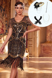 Vestido negro dorado de lentejuelas con escote en V Midi de los años 20 con conjunto de accesorios de 5 piezas