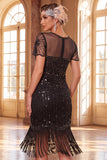 Vestido midi de los años 20 con escote en V y lentejuelas negras con flecos y conjunto de accesorios de 5 piezas