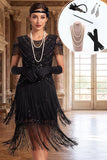 Vestido de los años 20 con jersey de lentejuelas negras de cuello redondo, con flancos y escalones, con accesorios de 5 piezas