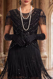 Vestido de los años 20 con jersey de lentejuelas negras de cuello redondo, con flancos y escalones, con accesorios de 5 piezas