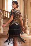 Vestido midi de los años 20 con fleco y flecos negros con cuello redondo y lentejuelas