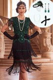 Vestido de los años 20 con cuello redondo negro verde y lentejuelas con flancos y funda de 4 piezas