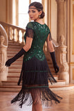 Vestido de los años 20 con cuello redondo negro verde y lentejuelas con flancos y funda de 4 piezas