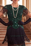 Vestido de los años 20 con cuello redondo negro verde y lentejuelas con flancos y funda de 4 piezas