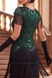 Vestido de los años 20 con cuello redondo negro verde y lentejuelas con flancos y funda de 4 piezas