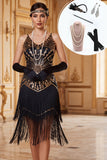 Vestido de los años 20 con escote en V dorado negro con escote en V, tirantes finos, con flecos y accesorios de 5 piezas