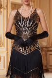 Vestido de los años 20 con escote en V dorado negro con escote en V, tirantes finos, con flecos y accesorios de 5 piezas