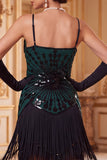 Vestido de los años 20 con lentejuelas bodycon color negro verde, tirantes finos con flecos, con accesorios de 4 piezas