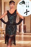 Vestido bodycon escote en V con flecos y negro verde brillante con conjunto de accesorios de 4 piezas