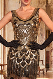 Vestido de los años 20 con escote en V y lentejuelas doradas negras, con flecos y conjunto de accesorios de 4 piezas