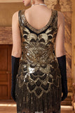 Vestido de los años 20 con escote en V y lentejuelas doradas negras, con flecos y conjunto de accesorios de 4 piezas