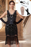 Vestido de los años 20, bodycon cuentas negras y escote en V con flecos, conjunto de accesorios de 5 piezas