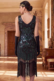 Vestido de los años 20, bodycon cuentas negras y escote en V con flecos, conjunto de accesorios de 5 piezas