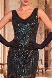 Vestido de los años 20, bodycon cuentas negras y escote en V con flecos, conjunto de accesorios de 5 piezas
