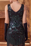 Vestido de los años 20, bodycon cuentas negras y escote en V con flecos, conjunto de accesorios de 5 piezas