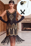 Vestido bodycon ajustado de los años 20 con escote en V y lentejuelas doradas negras con flecos y conjunto de accesorios de 5 piezas